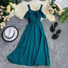 Short-sleeve Cold Shoulder Ruffled A-line Maxi Dress