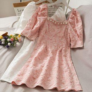 Embossed Pearl-trim Mini Dress