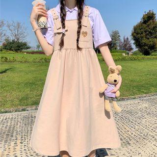 Short-sleeve Peter Pan Collar Shirt / Embroidered Midi A-line Overall Dress