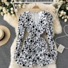 V-neck Floral Puff-sleeve Ruffle Dress