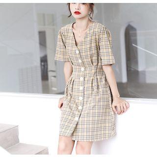 Elbow-sleeve Plaid Buttoned A-line Mini Dress