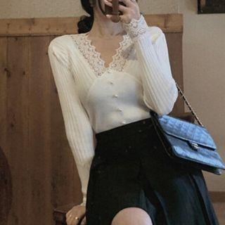 V-neck Lace Panel Knit Top Beige - One Size