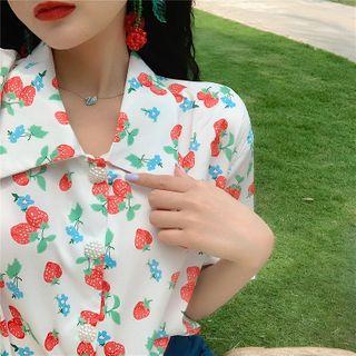 Floral Short-sleeve Blouse / Plain High-waist Loose-fit Pants