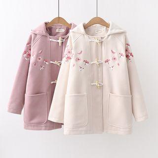 Cherry-blossom Embroidered Toggle-button Hooded Trench Coat