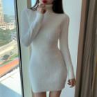 Mock Neck Long-sleeve Sheath Mini Dress White - One Size
