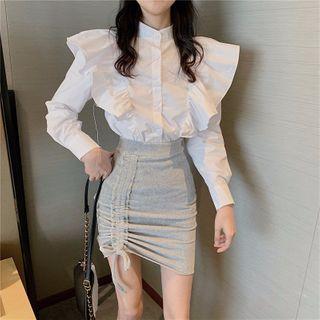 Long-sleeve Ruffle Blouse / Drawstring Mini Fitted Skirt