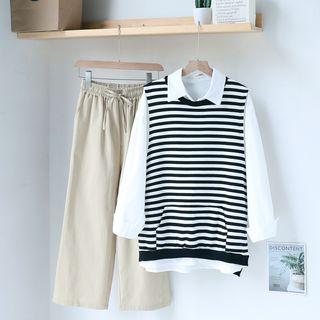 Plain Shirt / Knit Vest / Wide Leg Pants