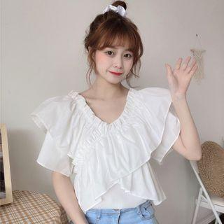 Ruffled Crisscross Short-sleeve Blouse White - One Size