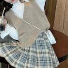 V-neck Sweater Vest / Ruffle Trim Blouse / Plaid Mini A-line Skirt