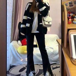 Striped Cardigan / Slit Bootcut Pants