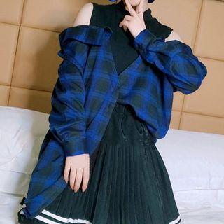 Mock Two-piece Cold Shoulder Plaid Top Blue - One Size