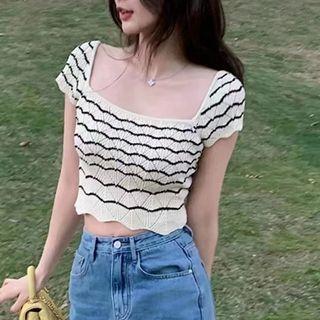 Wide Strap Striped Knit Dress / Cardigan