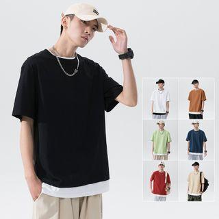 Short-sleeve Plain Contrast Trim T-shirt