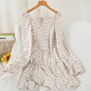 Long-sleeve Floral Print Mini A-line Dress Almond - One Size