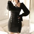 Long-sleeve Trumpet Cuff Top / Double-breasted Mini Pencil Skirt
