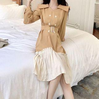 Contrast Trim Pleated Long-sleeve Dress