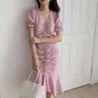 Short-sleeve V-neck Shirred Dress