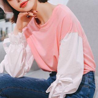Plain Lace-up Crew-neck Long-sleeve Top