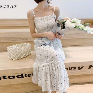 Spaghetti Strap Frill Trim Patterned A-line Midi Dress