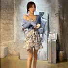 Floral Print Spaghetti Strap Mini Dress / Plain Cardigan