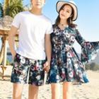 Couple Matching Flower Print Long-sleeve Sundress / Printed Shorts