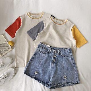 Color-block Crewneck Short-sleeve Knit Top