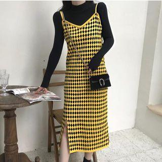 Long-sleeve Mock Neck Knit Top + Spaghetti Strap Diamond Midi Dress