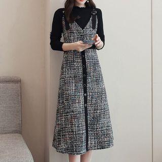 Set: Mock-neck Long-sleeve Knit Top + Tweed A-line Suspender Dress