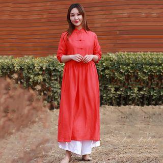 Mandarin Collar 3/4-sleeve A-line Midi Dress