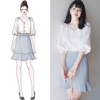 Set: Elbow-sleeve Blouse + Frilled A-line Mini Skirt