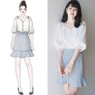 Set: Elbow-sleeve Blouse + Frilled A-line Mini Skirt