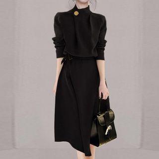 Belted Waist Mock Neck Buttoned Midi Dress