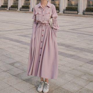 Drawstring-sleeve Lapel Single-breasted Shirtdress