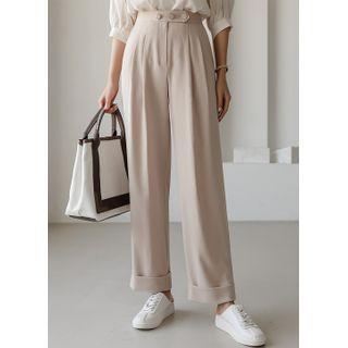 Button-detail Roll-up Wide-leg Pants