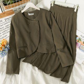 Set: Asymmetrical Double-breasted Blazer + Pleated Midi Skirt