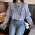 Bell-sleeve Tie Neck Floral Ruffled Blouse