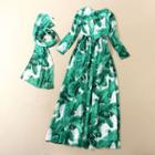 Leaf Print Long-sleeve Maxi A-line Dress