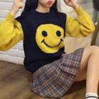 Two Tone Print Knit Top Smiley Face - One Size