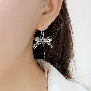 925 Sterling Silver Bow & Heart Drop Earring 1 Pair - Silver - One Size