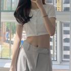 Short-sleeve Button Cropped T-shirt / High-waist Straight-cut Pants