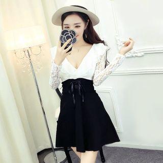 Lace Long-sleeve Deep Plunge A-line Dress