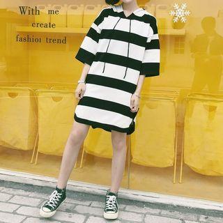 Elbow-sleeve Striped Hooded Dress