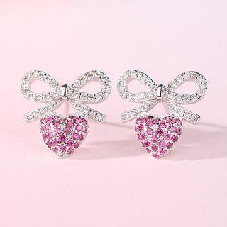 Bow Heart Rhinestone Sterling Silver Dangle Earring 1 Pair - Bow Love Heart Earring - Silver - One Size