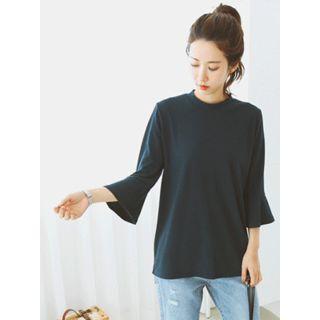 Mock-neck Ruffle-cuff Ribbed Top