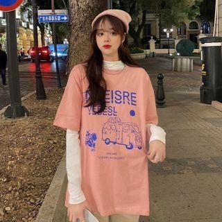 Long-sleeve Mock-neck Top / Elbow-sleeve Print T-shirt