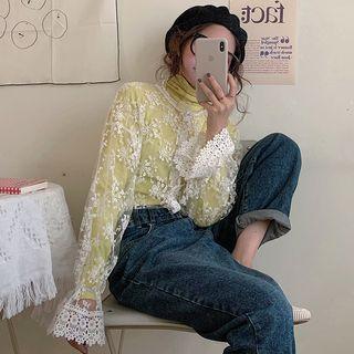 Mock-turtleneck Ribbed Knit Top / Flared-cuff Lace Shirt