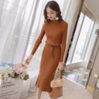 Gathered-waist Slit-front A-line Plain Long Sheath Dress