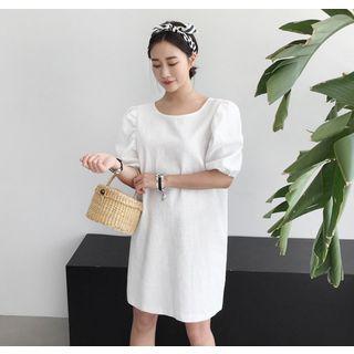 Puff-sleeve Linen Mini Shift Dress