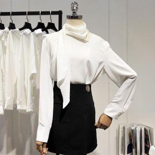Long-sleeve Scarfed Chiffon Top White - One Size