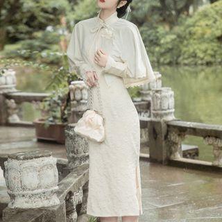 Set: Long-sleeve Textured Midi Qipao + Capelet